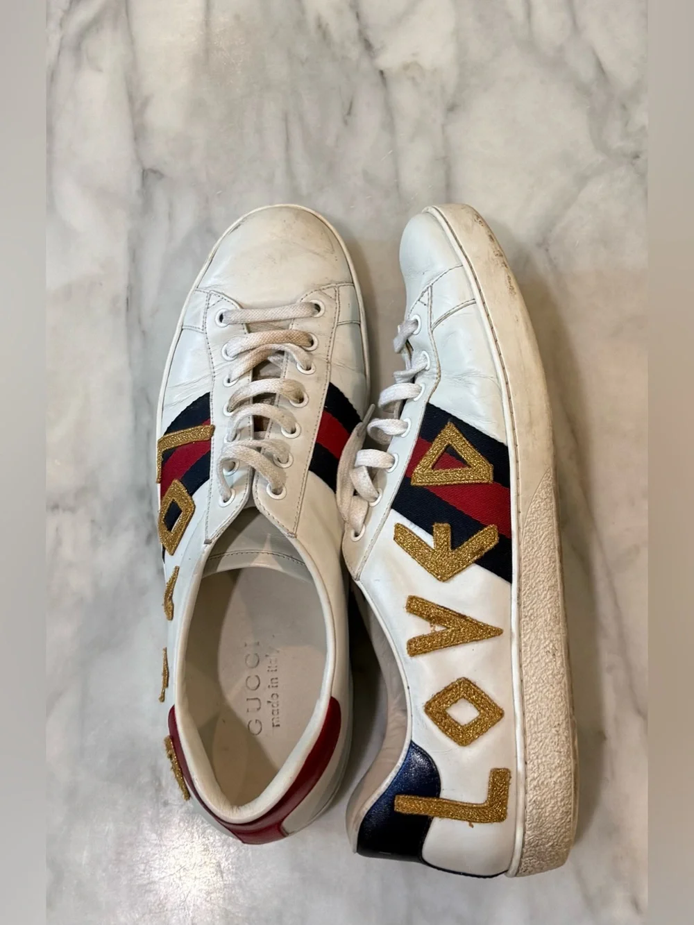 Gucci Ace LOVED Leather Sneakers Men’s US 10 White Web Stripe Made In Italy